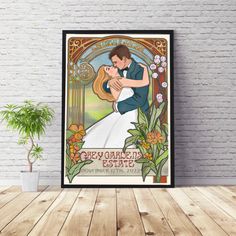 an art deco poster with a bride and groom kissing in front of a white brick wall