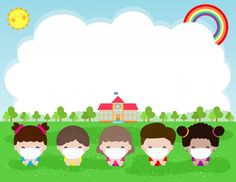 four children wearing face masks standing in front of a house with a rainbow behind them