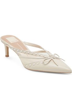 Dolce Vita Keilah Pointed Toe Mule (Women) | Nordstromrack Elegant Leather Kitten Heels With Bow, Feminine Pearl-embellished Heels For Spring, Feminine Pearl Embellished Heels For Spring, Chic Cream Kitten Heels For Party, Elegant Cream Heels With Bow, Chic Low Heel Pearls Embellished Heels, Elegant Kitten Heels With Bow, White Feminine Kitten Heels For Spring, Feminine Evening Kitten Heels With Almond Toe