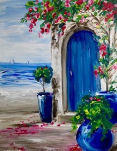 an oil painting of a blue door and potted plants on the beach with boats in the background