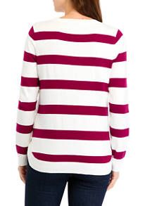 Kim Rogers® Women's Button Trim Striped Sweater | belk Winter Cotton Tops With Striped Hem, Cotton Sweater With Horizontal Stripes For Winter, Winter Cotton Sweater With Horizontal Stripes, Winter Horizontal Stripe Cotton Sweater, White Long Sleeve Sweater With Horizontal Stripes, Long Sleeve Sweater With Contrast Stripes For Layering, White Striped Hem Sweater For Winter, Classic Striped Tops With Ribbed Cuffs, Classic Winter Tops With Contrast Stripes