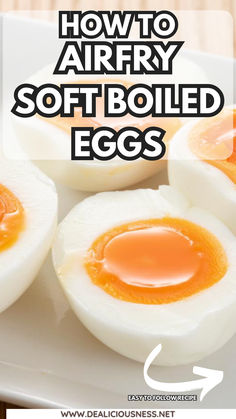 hard boiled eggs on a white plate with text overlay how to air fry soft boiled eggs