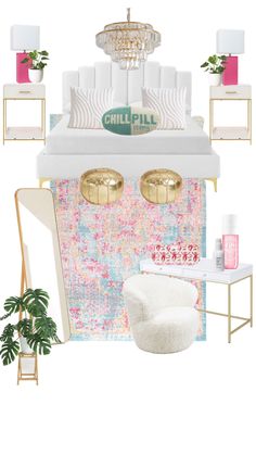 a room with white furniture and pink accents