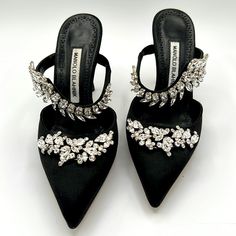 New In Box With Dust Bag Manolo Blahnik Black Satin Crystal Embellished Mules Size 37 (Us 7) Originally Purchased From Nordstrom For $1,295 Designer Embellished Heels For Events, Elegant Hand-embellished Heels, Hand Embellished Elegant Heels, Hand Embellished Heels For Evening, Luxury Bedazzled Evening Heels, Hand Embellished Heels For Party, Luxury Bedazzled Heels For Formal Occasions, Manolo Blahnik Lurum, Shoes Manolo Blahnik