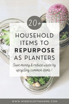 two glass jars filled with plants and text overlay reads 20 household items to repurpose as planters save money & reduce waste by upcycling common items