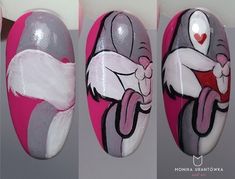 Drawing Ideas For Nails, Bugs Bunny Valentine Nails, Valentine Character Nails, How To Draw On Nails Step By Step, Nails With Cartoon Characters, Bugs Bunny Nail Art, Cartoon Characters Nail Art, Nail Character Designs, Cartoon Nail Designs Step By Step