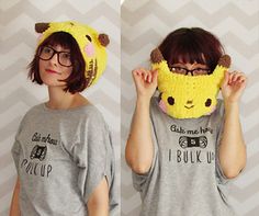 two pictures of a woman wearing a hat with a stuffed animal on it's head