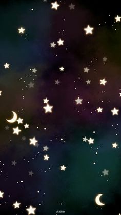 stars and moon in the night sky with green, purple and black background for wallpaper