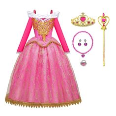 PRICES MAY VARY. Upgraded 100% cotton lining and polyester This six piece complete princess costume will make your little princess dreams come true! Looks like her favorite princess! Upgraded version! Meticulously crafted princess dress mesh sleeves are made of skin-friendly fabric, and the lining is made of breathable, silky soft fabric that won't irritate little girls' delicate skin Princess dress up costume features an off-the-shoulder design with a stretch velvet bodice and gold filigree tri Toddler Princess Costume, Princess Costumes For Girls, Princess Aurora Dress, Sleeping Beauty Dress, Disney Princess Dress Up, Pink Princess Dress, Toddler Princess Dress, Princess Dress Kids, Aurora Dress