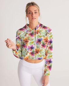 Fleur De Jardin Women's Cropped Hoodie Spring Crop Top With Logo Print, Spring Fun Hoodie Top, Spring Graphic Print Athleisure Crop Top, Spring Sports Crop Top With Graphic Print, Spring Cropped Cotton Hoodie, Athleisure Wear, Women Crop, Cute Woman, Cropped Hoodie