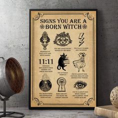 a poster on the wall that says, signs you are a born witch and other things