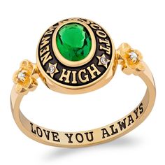 Celebrate your academic success in the sweetest way with this personalized and engravable oval-shaped simulated gemstone and diamond accent flower class ring. Crafted in your choice of metal This design glistens with the 7.0 x 5.0mm bezel-set oval-shaped simulated birthstone you select at the center. Customize the frame with your school name - in two lines, each 11 characters max - sculpted in an uppercase font and set with two diamond-accented stars. A pair of sculpted diamond-accented flowers Engraved Oval Birthstone Ring As Gift, Engraved Oval Birthstone Ring For Gift, Oval Engraved Ring With Bezel Setting For Anniversary, Fine Jewelry Engraved Oval Ring With Bezel Setting, Classic Personalized Oval Birthstone Ring, Oval Engraved Ring With Birthstone For Anniversary, Oval Engraved Promise Ring With Bezel Setting, Heirloom Oval Engraved Ring With Birthstone, Classic Oval Engraved Ring With Birthstone