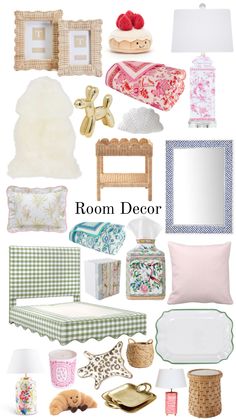 room decor collage with pink and green accents