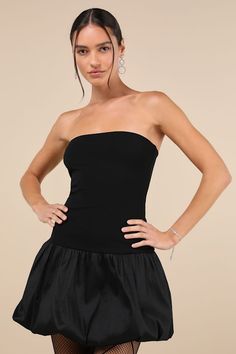 Defined Chicness Black Strapless Bubble-Hem Mini Dress Taffeta Fabric, Talk Of The Town, Bubble Hem, Bubble Dress, Adhesive Bra, Strapless Mini Dress, Fitted Silhouette, Strapless Bra, Dress 100