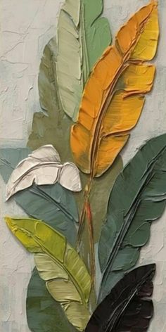 a painting of leaves and flowers on a white background