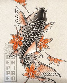 a drawing of a koi fish with orange flowers on it's back side