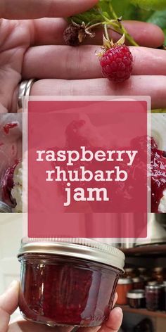 raspberry rhubarb jam in a jar with the words raspberry rhubarb jam above it