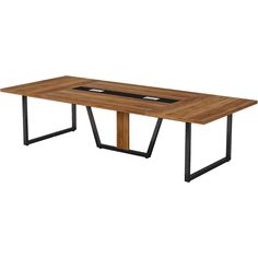 a wooden table with black metal legs and a rectangular design on the top, against a white background