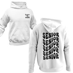 Class of 2024 Senior shirts in a wide array of top styles. This design features the class of 2024 text in front pocket area, and senior in wave design on back. Great Back to School Wear for High School 12th Graders & College Seniors.  Wear during orientation, pep rallys, school events, and throughout the year. Choose from a variety of styles to suit the recipient and get just the right look that you are wanting. This design can be added to tshirts, vnecks, hoodies, sweatshirts, long sleeve tees, even crop tops. Comfortable wear it will easily become their go to shirt. Great graduation class shirt. We now use a process to print our shirts that will allow the design to last longer if properly cared for, over 40 washes. In order to provide quick turnaround, we source from four different top c White Hooded Fan Apparel Top, Cotton Hoodie For Sports Events, Cotton Sportswear Hoodie, White Pre-shrunk Sweatshirt For Streetwear, Basic White Hoodie With Letter Print, Relaxed Fit Hoodie For College, White Sweatshirt For Streetwear, Hooded Relaxed Fit Top With Branding, Sports Season Hoodie Tops With Logo Print