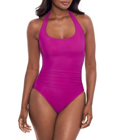 From Miraclesuit&#x2C; this one piece swimsuit features:Tank silhouetteHalter tie neckline Underwire  Cleverly draped fabric concealed tummy and enhances hourglass waist  Miratex fabric provides allover body controlLook 10lbs lighter Full coverage LinedPull-on constructionNylon/spandexHand washImported Hourglass Waist, Underwire One Piece, Rock Solid, Swimsuit Cover Ups, Draped Fabric, Dillard's, Tie Neck, One Piece Swimsuit, Cover Up