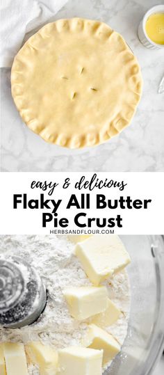 the ingredients to make flaky all butter pie crust in a food processor, and then topped with cheese