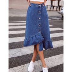 Ruffle Denim Skirt, Denim Skirt Midi, Chic Office Outfit, Bright Color Dresses, High Waisted Denim Skirt, Casual Trends, White Boho Dress, Bandage Dress Bodycon, Denim Skirt Women