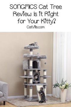 a cat tree in the middle of a living room with text overlay that reads, sonics cat tree review is it right for your kitty?