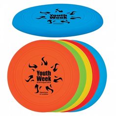 four frisbees with the words youth week written on them in different colors