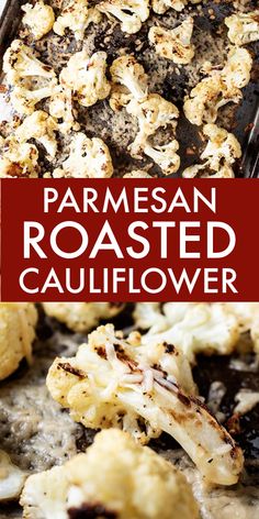 roasted cauliflower with parmesan and brown sugar in a baking pan on a table