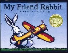 the book cover for my friend rabbit is holding an airplane in his hand and it says,