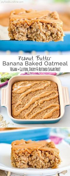 peanut butter banana baked oatmeal in a baking dish with the title above it