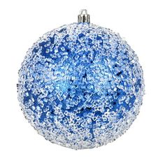 a blue ball ornament with snow flakes on it