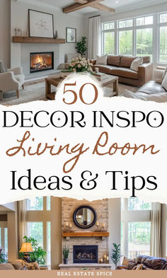 says 50 decor inspo living room ideas and tips with two images of living rooms sofa chairs home decor mirrors lamps tables Beautiful Living Rooms Dream Homes, On Trend Living Room Decor, Living Room Ideas Beige Walls, Simple Modern Decor Living Room, Family Room Updates Decorating Ideas, Family Room Decorating Ideas Modern, Idea Living Room Home Decor, Wreaths For Living Room Wall, How To Style Large Living Room