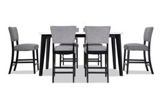 a dining table and chairs with grey upholstered backrests on white background