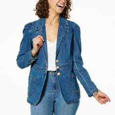 Classic Medium Wash Blazer With Button Closure, Classic Denim Blue Blazer For Spring, Classic Denim Button-up Blazer, Classic Denim Blue Spring Blazer, Classic Medium Wash Blazer For Spring, Classic Spring Denim Blazer, Notch Lapel Denim Jacket For Workwear, Medium Wash Blazer With Pockets For Work, Medium Wash Workwear Blazer With Pockets