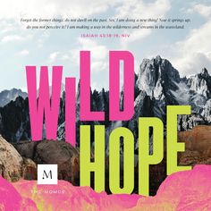 a poster with the words wild hope in pink and yellow on top of some mountains