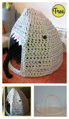 crocheted cat bed made to look like a shark