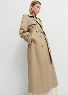 Double-breasted cotton trench coat - Women | MANGO USA Mode Over 50, Camel Outfit, Workwear Capsule, Trench Beige, Fall Workwear, Classic Trench Coat, Double Breasted Trench Coat, Fall Capsule Wardrobe, Belted Trench Coat