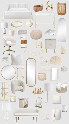 an assortment of white and gold furniture, including a bed, chair, desk, mirror, lamp, table