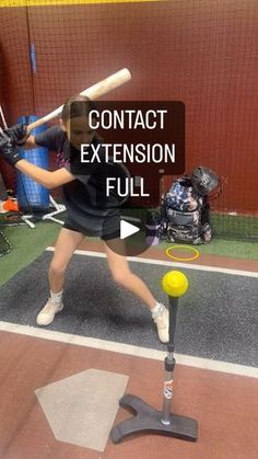 a woman swinging a bat at a ball on a baseball field with the caption contact extension full