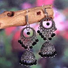 Oxidized Silver Plated Handmade Light Weight Party wear women Jhumka Jhumki Earrings/ Indian Traditi Black Metal Chandbali Earrings, Black Round Jhumkas As Gift, Black Chandbali Jewelry For Diwali, Black Dangle Jhumkas, Black Jewelry With Latkans For Festivals, Bohemian Black Jhumkas For Gift, Bohemian Black Jhumkas As Gift, Black Bohemian Chandbali Earrings, Black Latkans Jewelry For Festivals