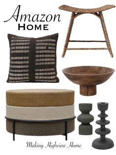 an assortment of furniture and accessories including a chair, stool, table, bowl