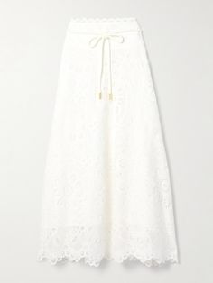 Airy and intricate, Zimmermann's 'Ottie' midi skirt is made from cotton guipure lace that's underpinned with a voile slip for coverage. It's designed with scalloped trims along the waist and floaty hem and comes with a rope belt. Wear yours with the coordinating cropped top. Elegant Broderie Anglaise Summer Skirt, Lace Slip Skirt, Summer Fling, In Love Again, Silk And Lace, Lace Midi Skirt, Rope Belt, True Romance, Falling In Love Again