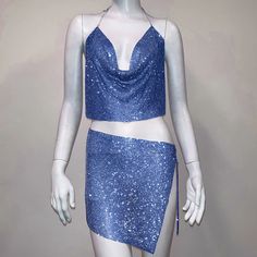 Lasaky - Stylish Metal Rhinestone Embellished Neck Halter Top and Mini Skirt Set Neck Halter Top, Couple Tees, Mini Skirt Set, Round Neck Shirt, Fit Couples, Sapphire Blue, Two Piece Outfit, Olivia Mark, Halter Top