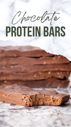 chocolate protein bars stacked on top of each other with text overlay that reads chocolate protein bar