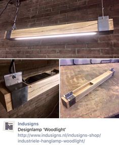 three different views of a light fixture hanging from a brick wall, and an image of a piece of wood that is attached to the ceiling