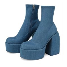 denim chunky boots boogzel apparel Denim Blue Platform Heels With Round Toe, Trendy Denim Heels With Round Toe, Hak Tinggi, Elastic Boots, High Heel Stiefel, Gothic Boots, Platform Boots Chunky, Boots Chunky, Patent Leather Boots