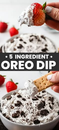 a person dipping a strawberry into a bowl of oreo dip