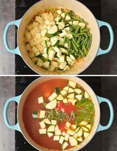 two pictures showing how to make vegetable soup