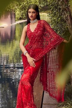 Red saree with all over geometric, floral embroidery using sequins and beads. Paired with a blouse with all over trellis embroidery using tonal sequin work. - Aza Fashions Red Saree, Fashion App, Saree With Blouse, Aza Fashion, Floral Embroidery, Blouses For Women, Sequin, Blossom, Saree